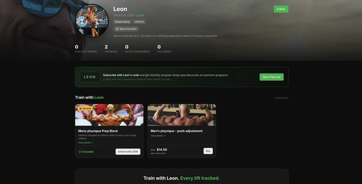 Real creator storefront from the beta — creator code LEON, subscribe banner, program cards with included and premium pricing