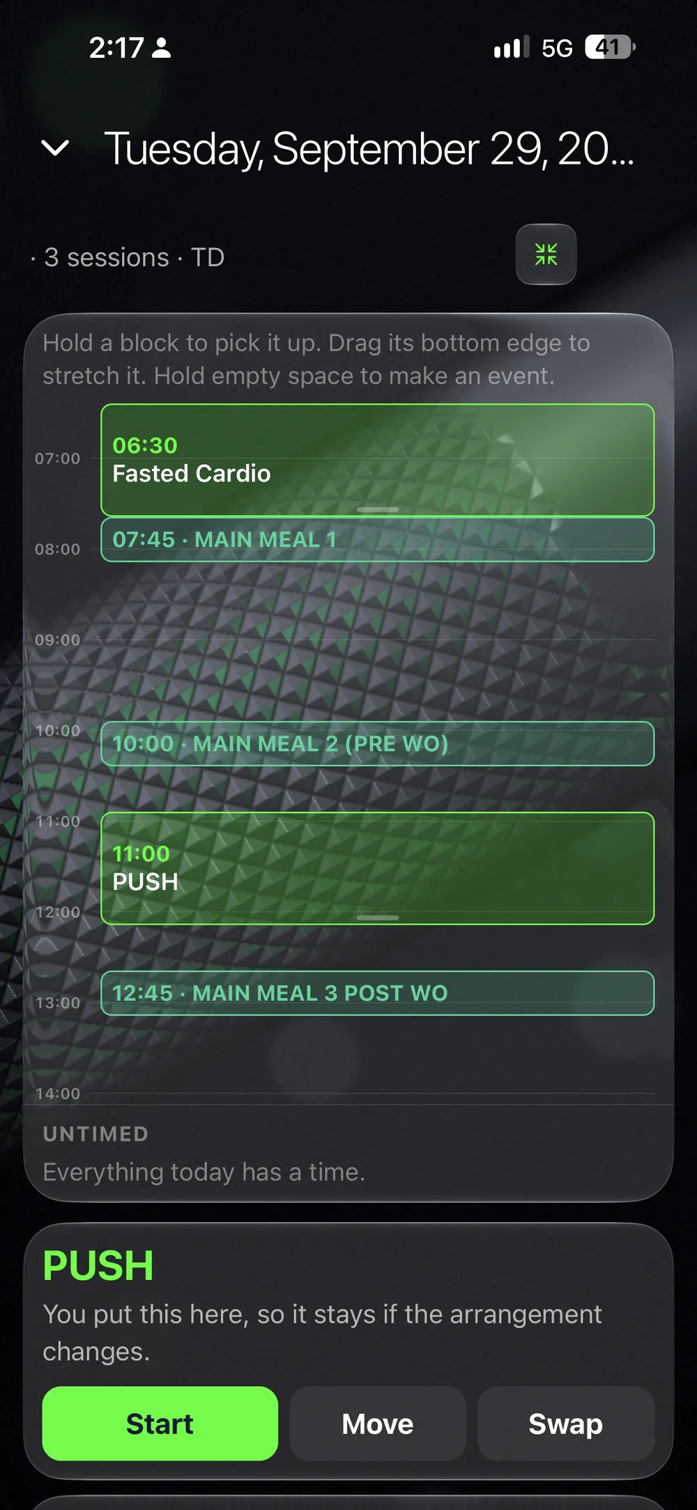 The Planner: one day with its sessions and meals