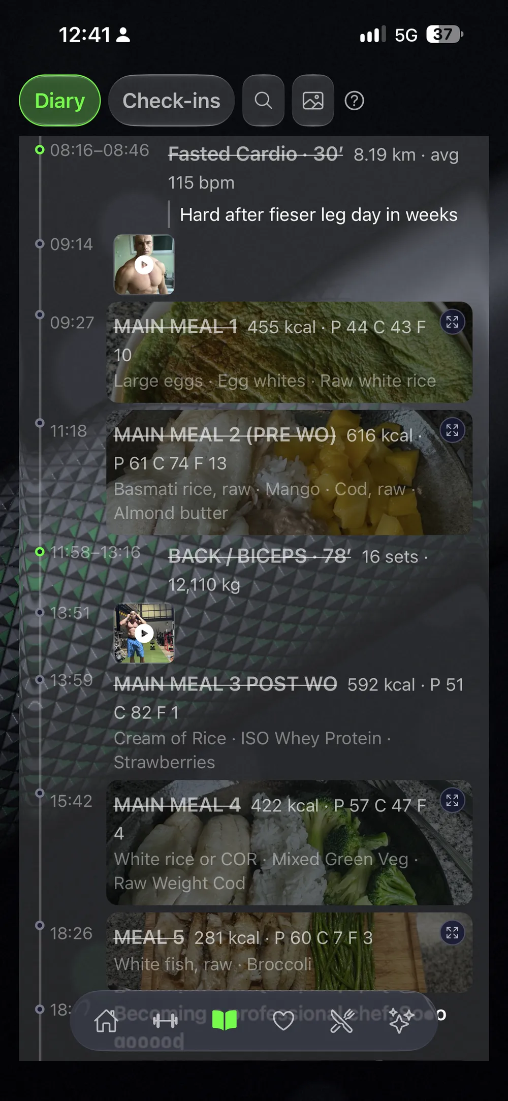 The Diary tab in the Glass style: meals in a timeline