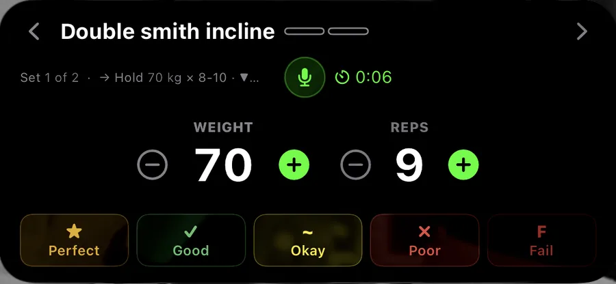 The Lock Screen Live Activity mid-set: the exercise, weight and reps with plus and minus, and the Perfect to Fail grades