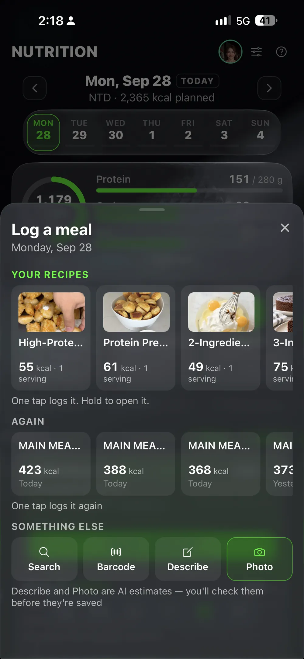 The Log a meal sheet: your recipes, meals you ate before, and Search, Barcode, Describe, Photo