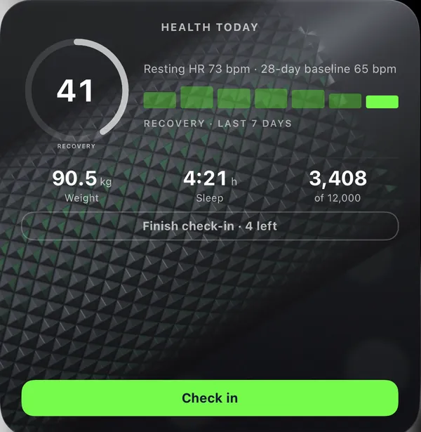 Health widget: the recovery score, weight, sleep, steps and a Check in button