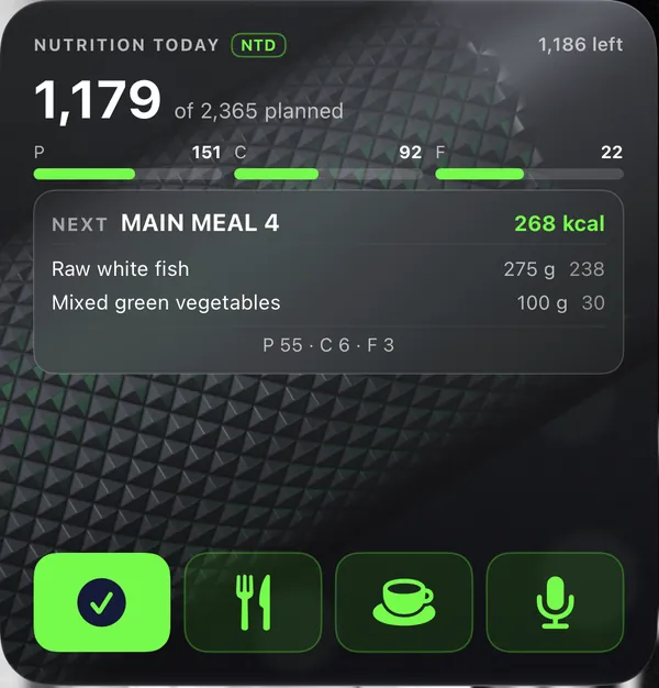 Nutrition widget: calories eaten against the plan, protein, carbs and fat, and the next meal
