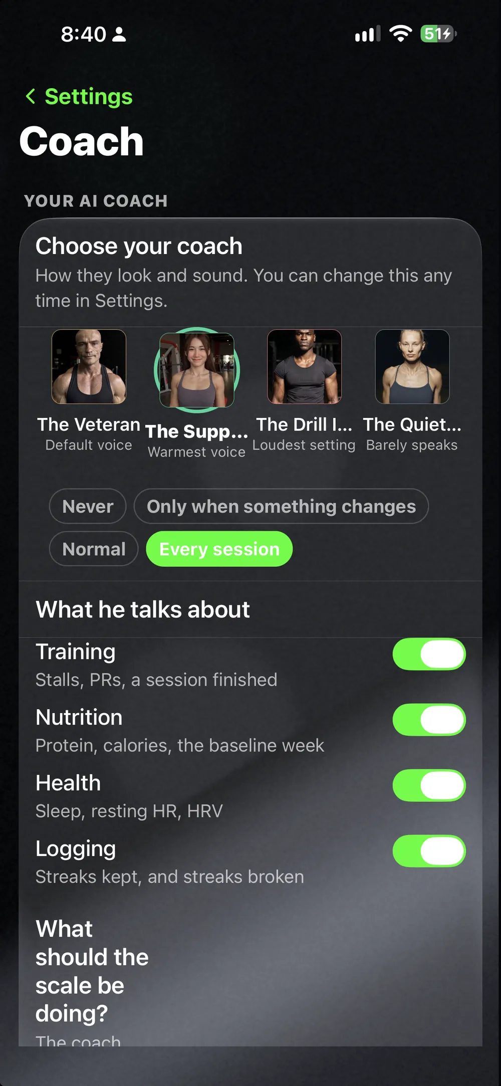 Coach settings: four voices to choose from, how often it talks, and what it talks about