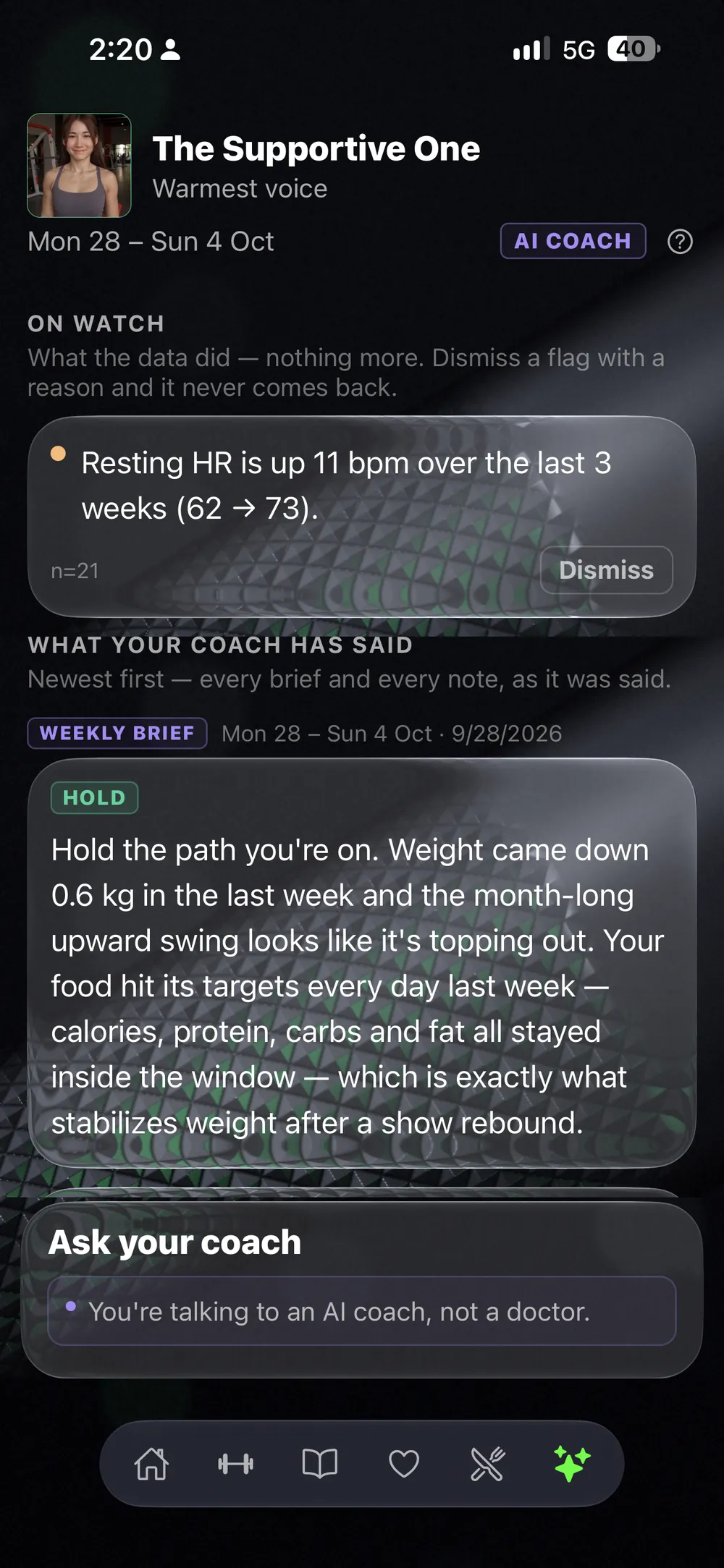 The AI coach tab: a flag on watch you can dismiss, and the week\'s brief
