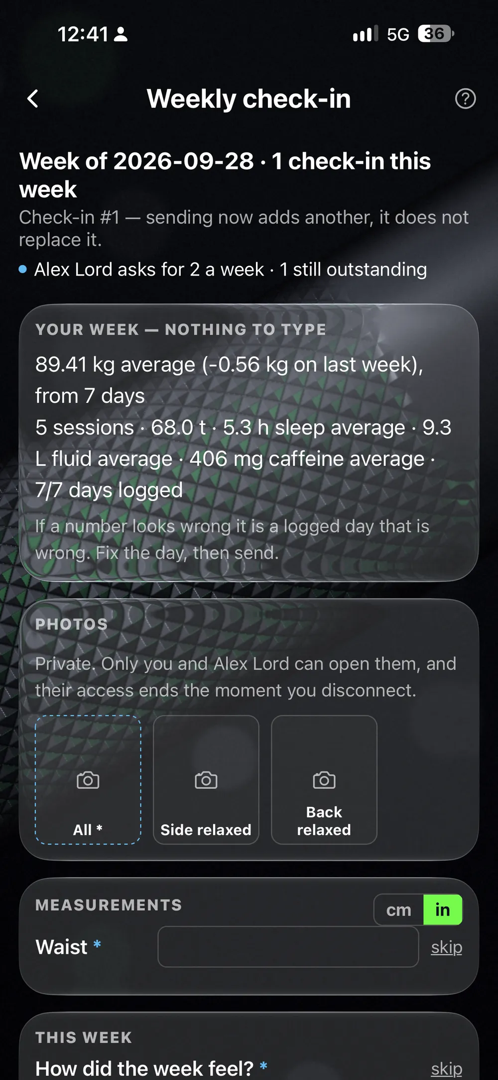 The client's check-in on the phone: their coach asks for two a week, and the week's numbers are already filled in