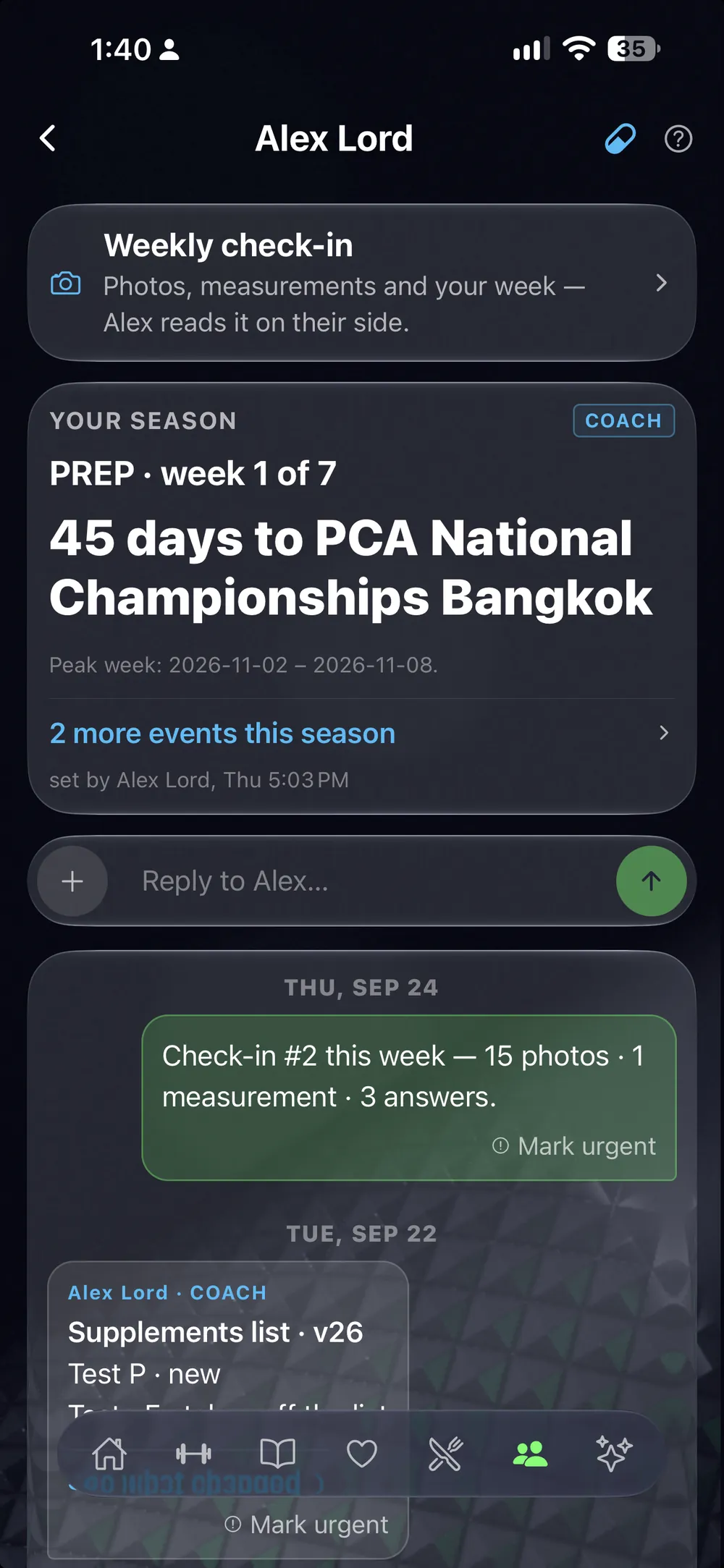 The client's phone: the thread with their coach, the season the coach set, and the check-in they sent