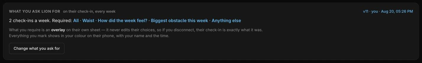 What the coach asks this client for: two check-ins a week and the required fields