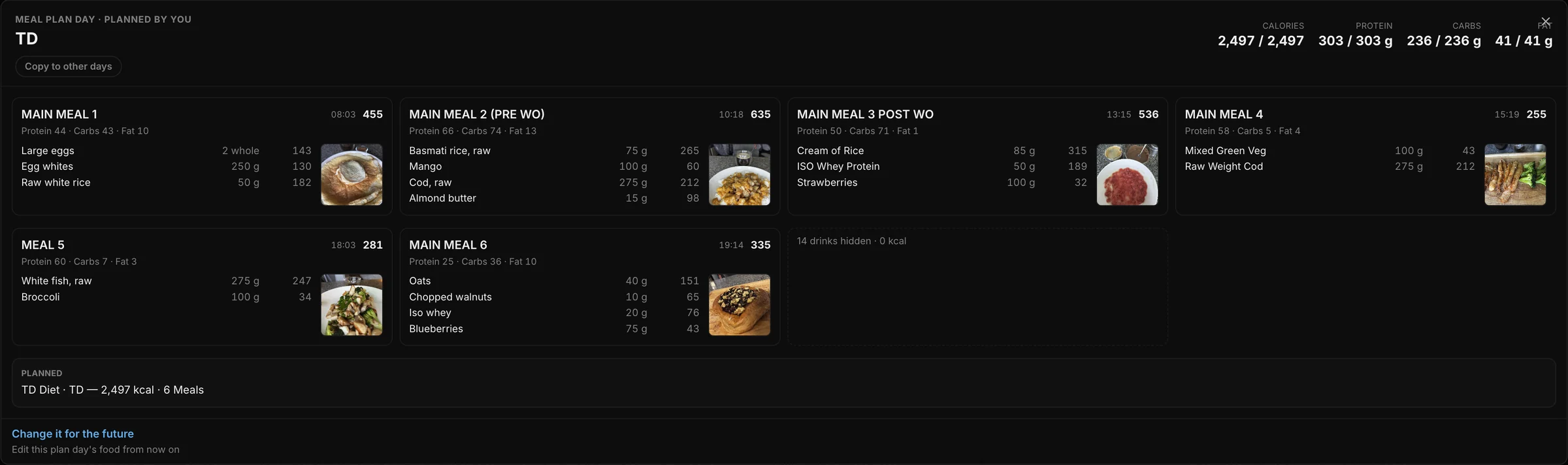 One meal plan day opened in the cockpit: six meals with food, grams, macros and a photo of each meal