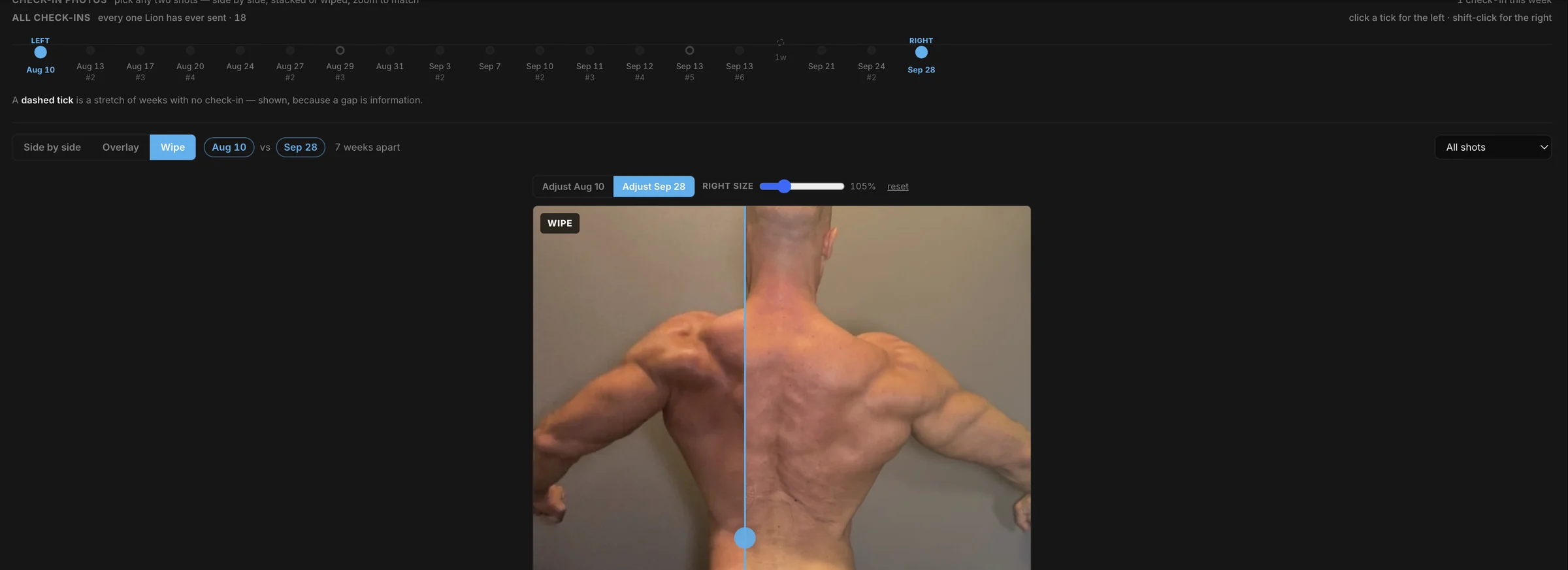 The photo compare: every check-in the client sent on one timeline, two back photos seven weeks apart wiped over each other
