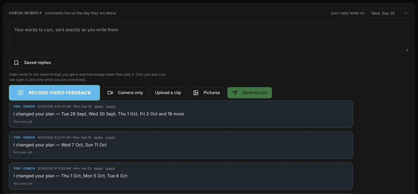 The client thread in the cockpit: record video feedback, upload a clip or pictures, and the plan changes posted into it