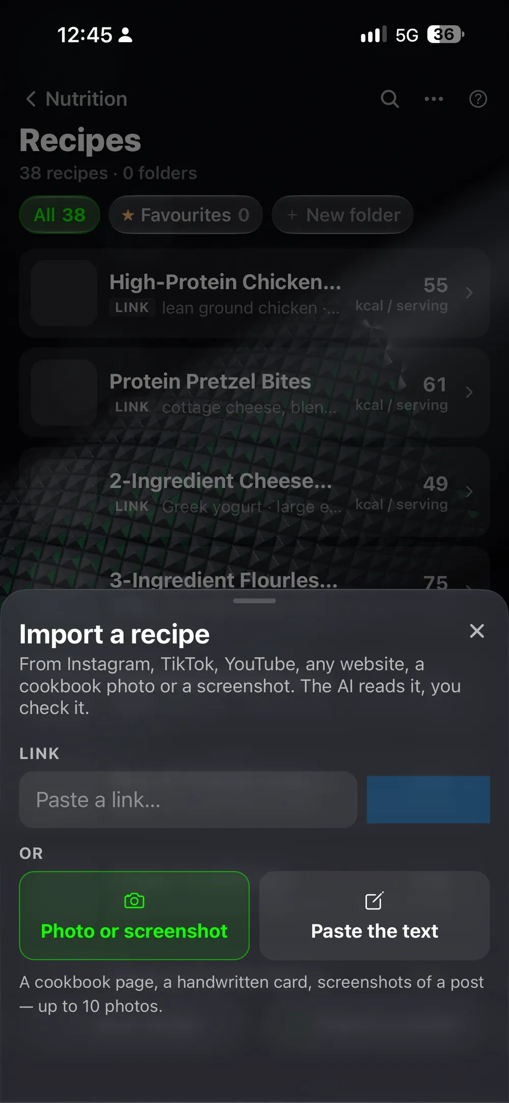The Recipes list: imported recipes with their calories per serving, and New recipe and Import a recipe