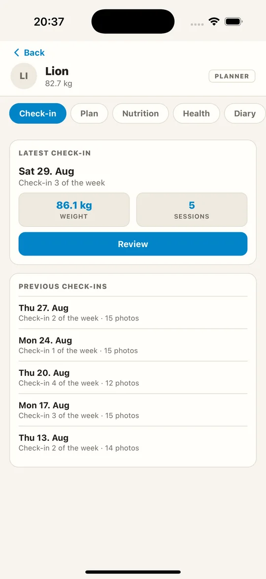 The check-in tab on the phone — the latest week with weight, sessions and a Review button, and every check-in before it