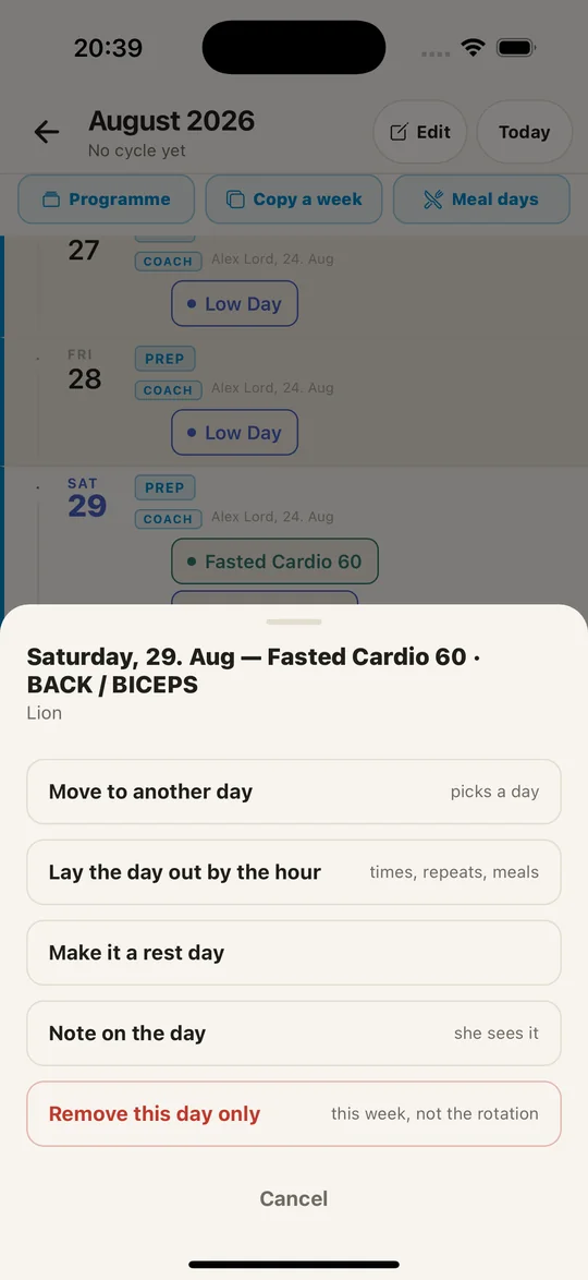 A day tapped open in the month — move it, lay it out by the hour, make it a rest day, note it, or remove just this week