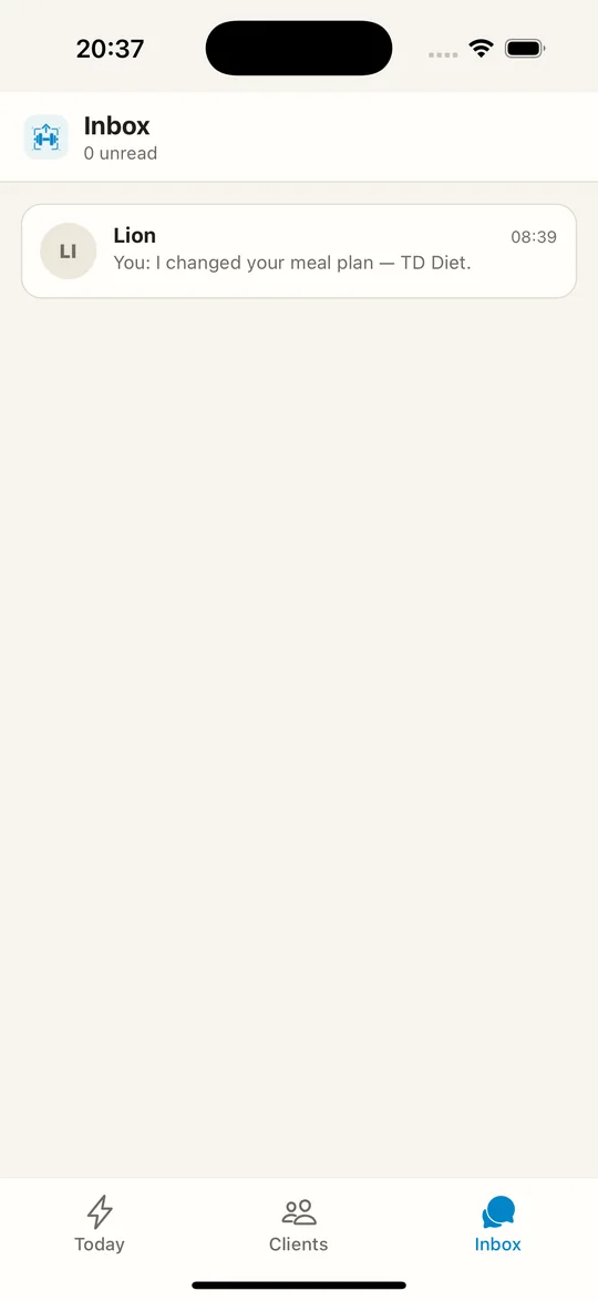 The coach inbox on the phone — one thread per client, with what you last sent them