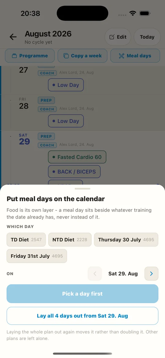 Putting meal days on the calendar — each plan day dropped onto the dates it belongs on