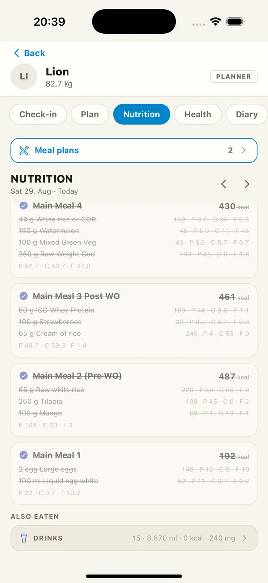 The nutrition day — eaten against planned, protein, carbs and fat against their targets, meals ticked off
