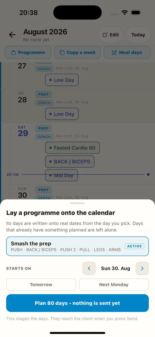 Laying a whole programme onto the calendar from a start date, staged and not sent until you send it