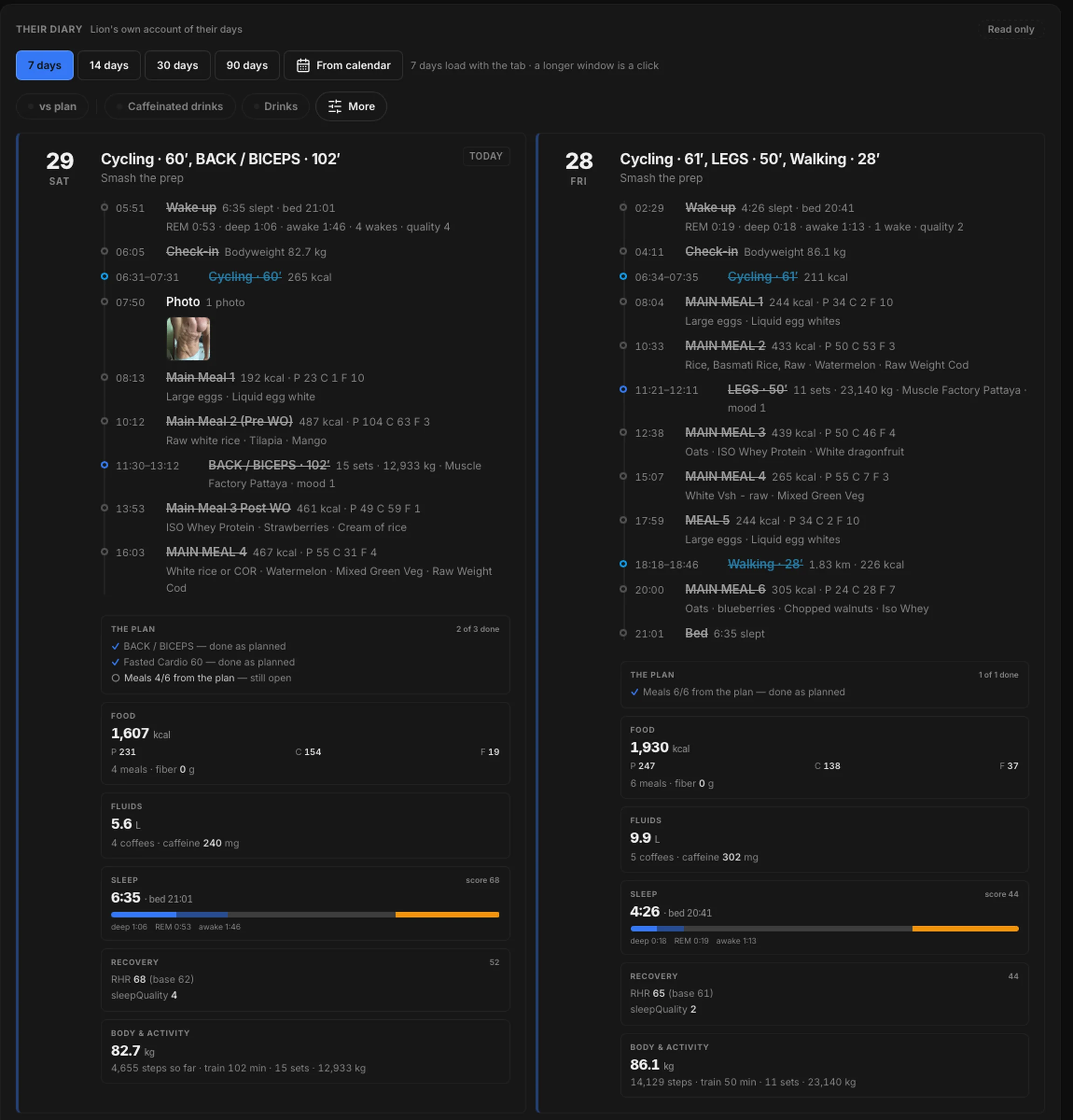 The diary tab — every day the client logged, sleep, check-in, sessions and meals, crossed off as they happened