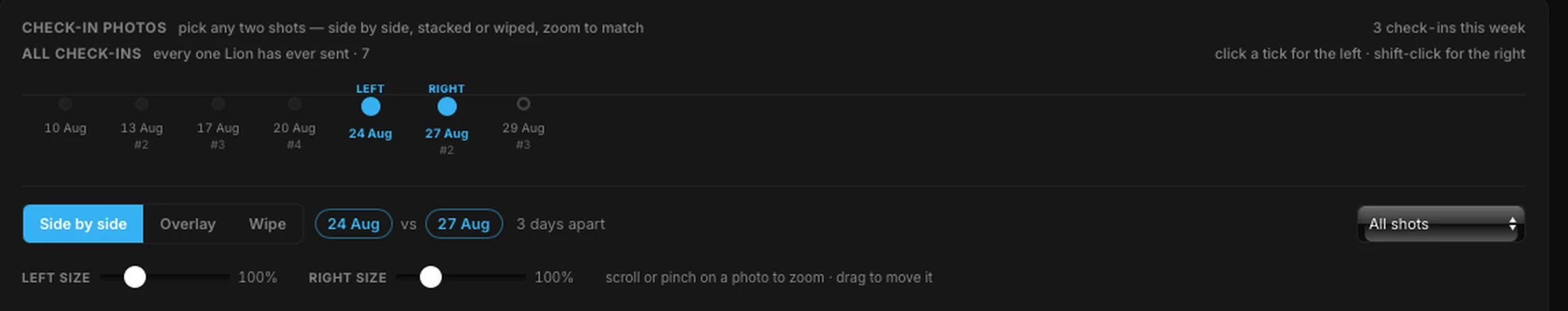 The photo compare timeline — every check-in ever sent, any two placed side by side, overlaid or wiped