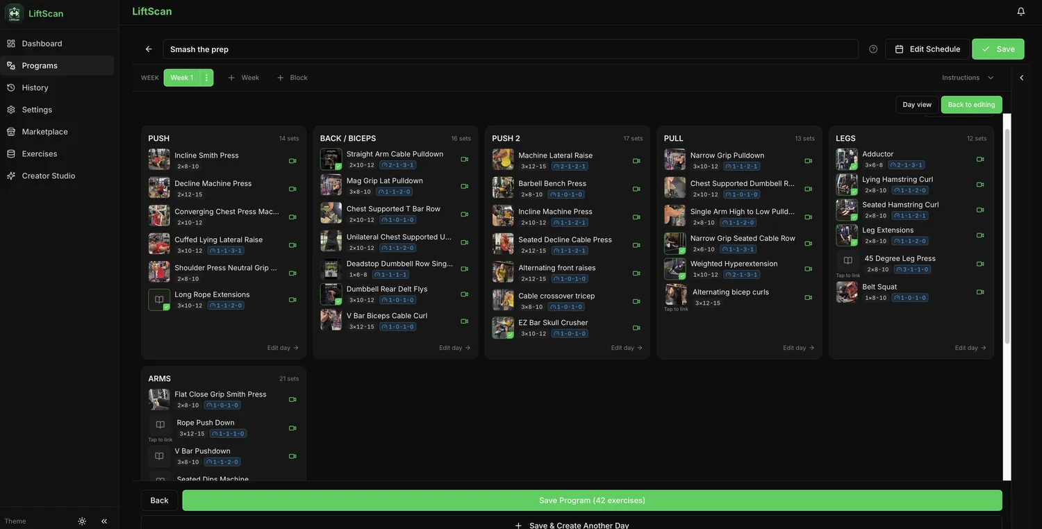 The web program editor — a full training week, set by set