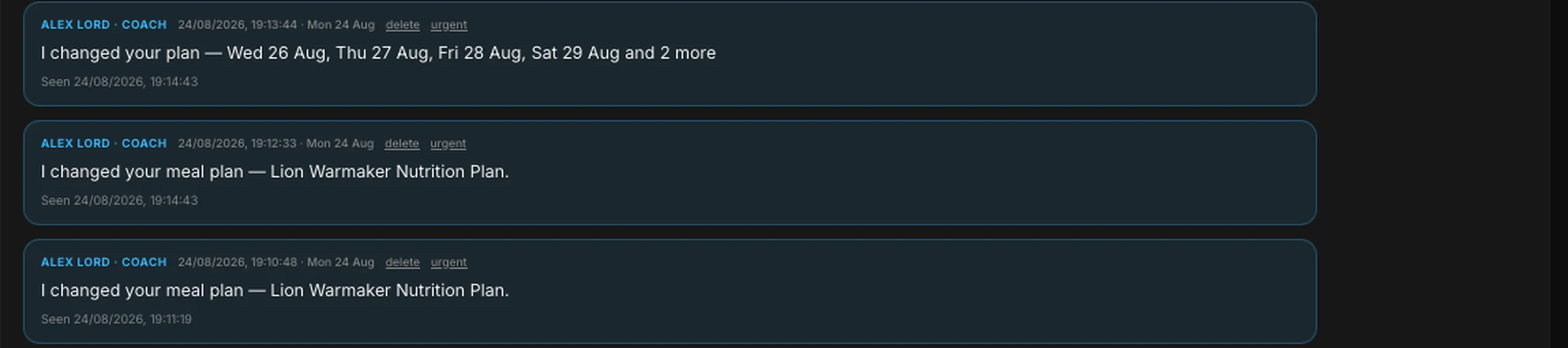 Read receipts on the thread — each change stamped seen, with the time they opened it