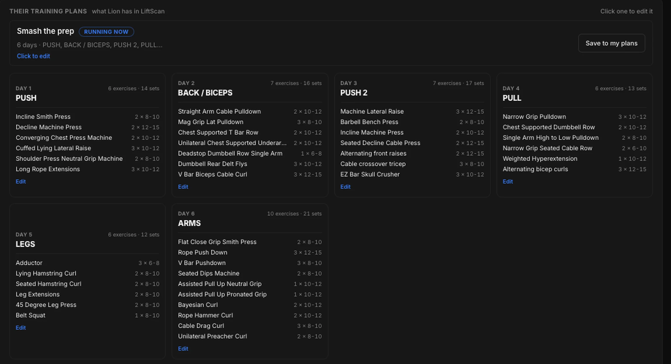 The client's running training plan — six days, every exercise with its sets and rep range, and previous versions kept
