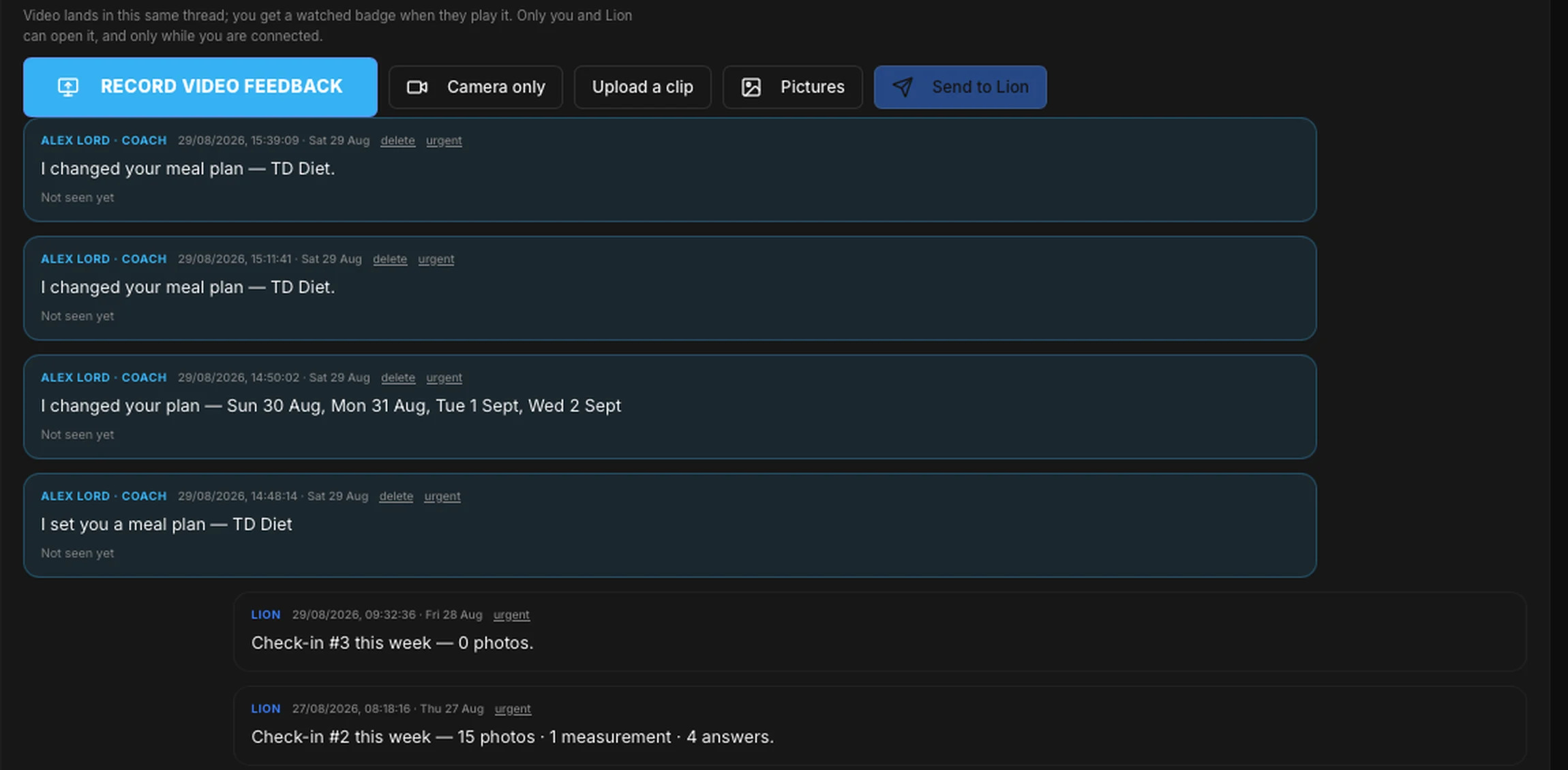 The client thread — record video feedback, camera only, upload a clip or pictures, sent straight to the client
