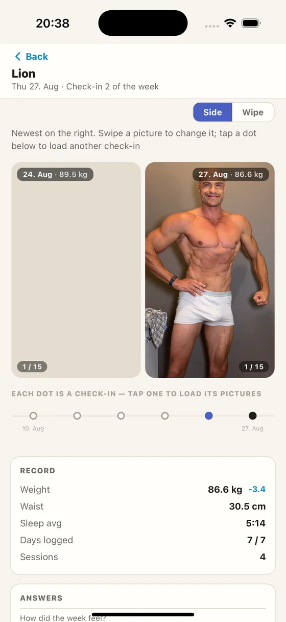 Two check-ins side by side — 10 August at 92.5 kg against 27 August at 86.6 kg, with a dot for every check-in and the week's record underneath