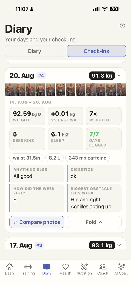 A week's check-in — photos, average weight, sessions, sleep, how the week felt