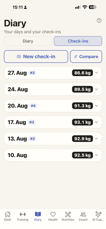 Check-ins — dated entries with weight, new check-in and compare