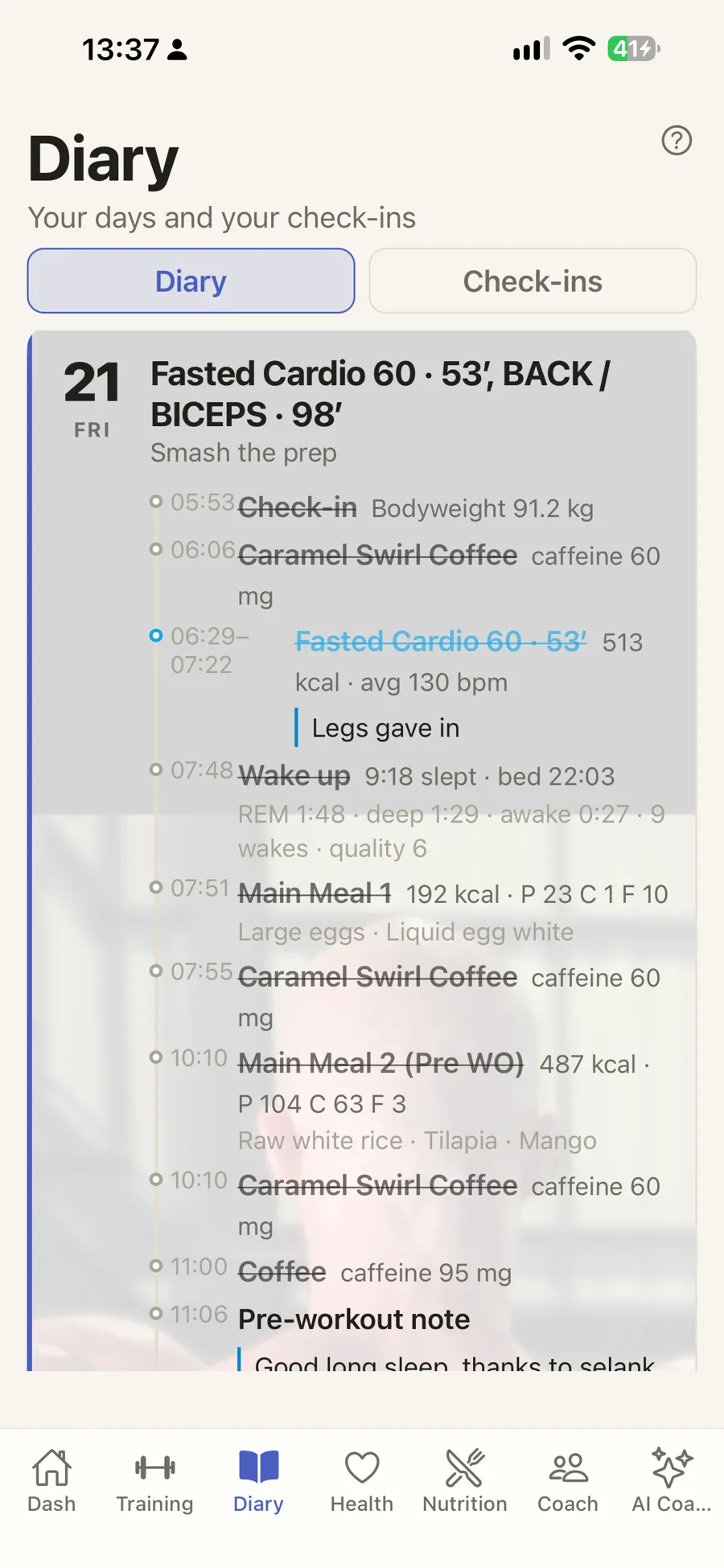 The diary day - cardio, meals, coffee and sleep on one page