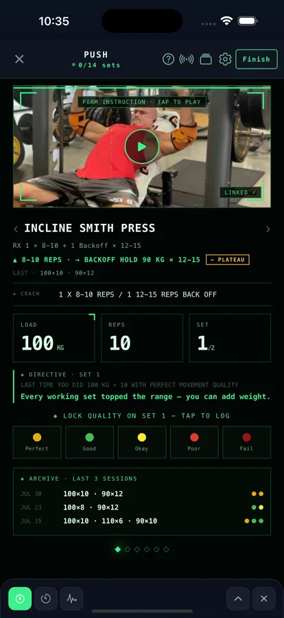 A working set with its form guide linked and ready to play, above the RX line and the directive