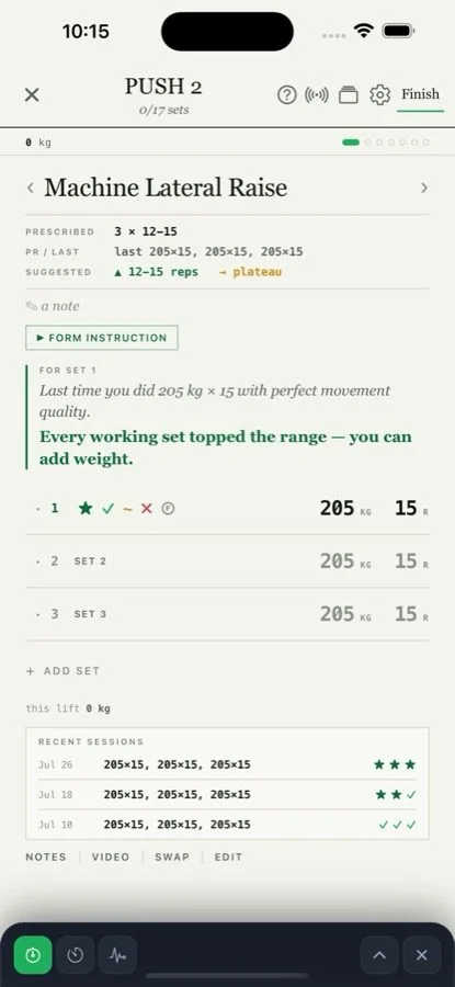A live session on the Paper workout screen - prescription, last time, the earned bump