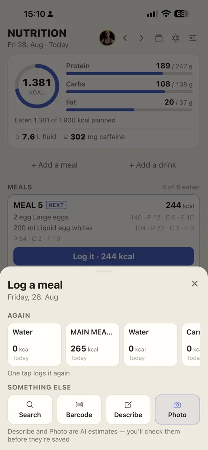 Log a meal — one-tap repeats, plus Search, Barcode, Describe and Photo