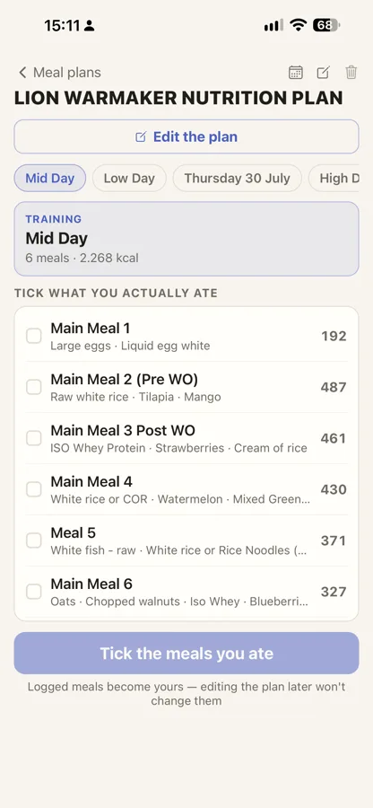 A meal plan as real days — meals with targets, tick what you actually ate