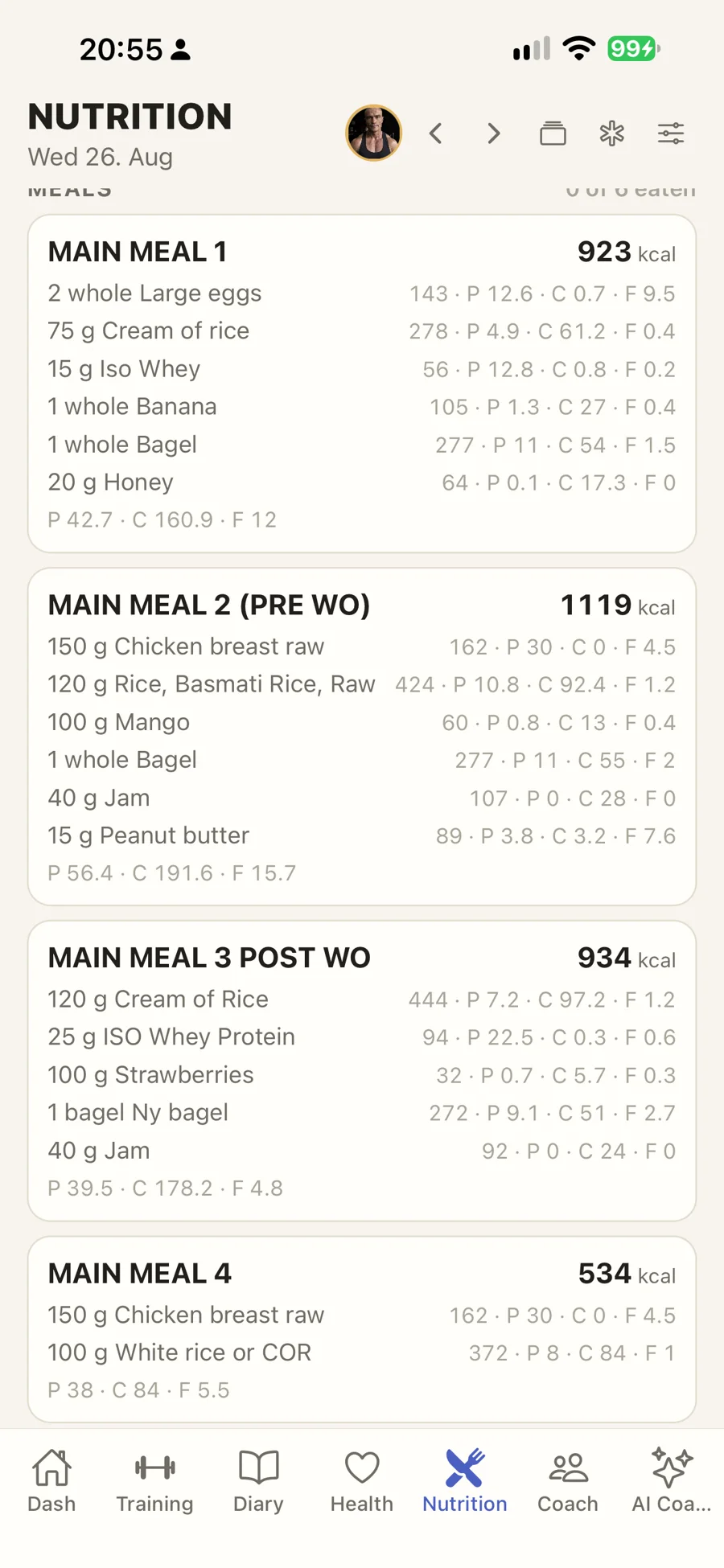 A nutrition day - meals, macros, targets