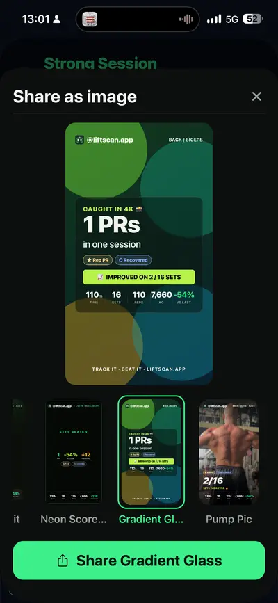 Share as image — the session as a card for social