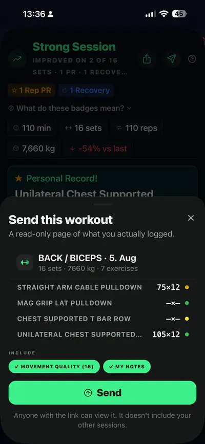 Send this workout — a read-only page of the session you logged