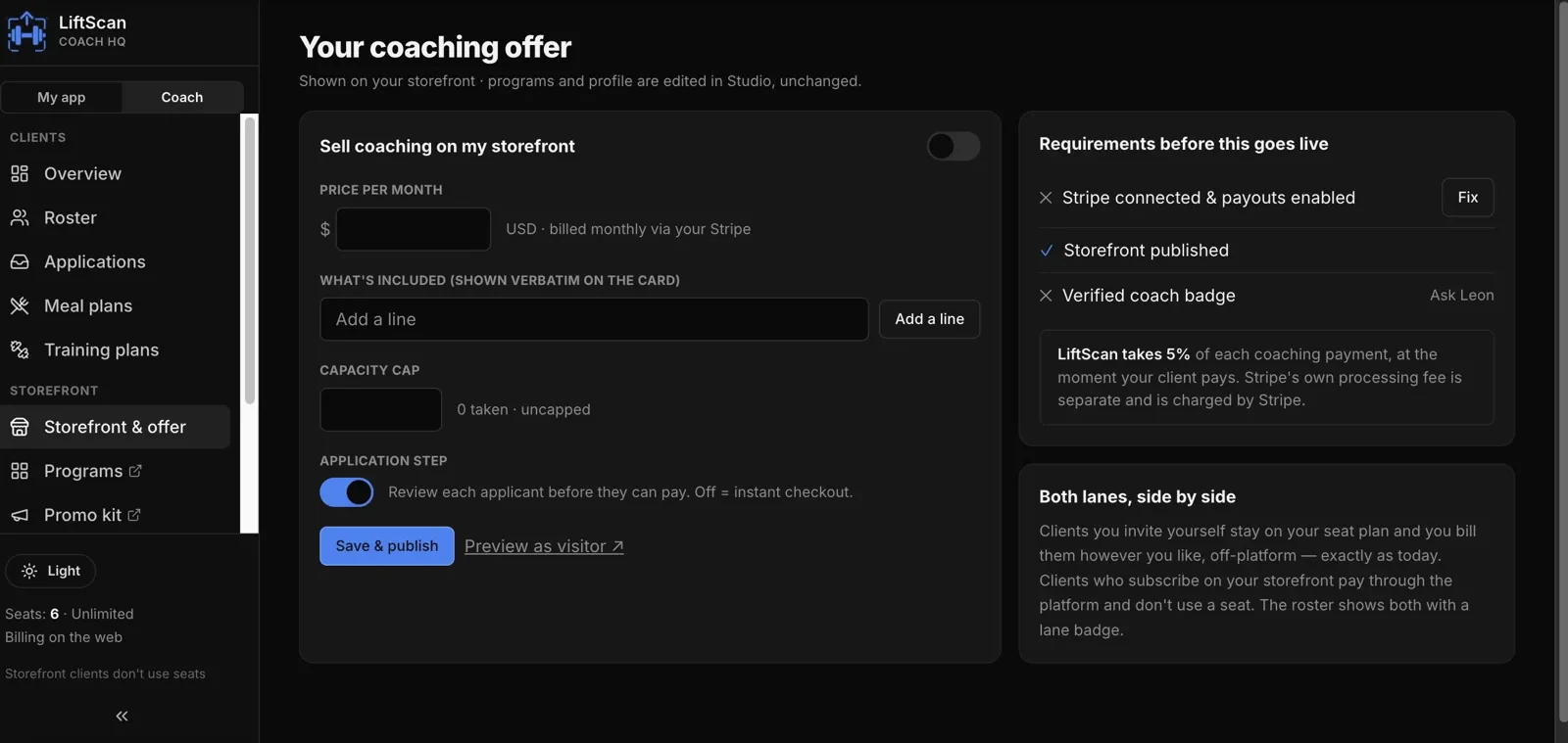 The storefront offer editor — your price, what is included, capacity cap and the application step
