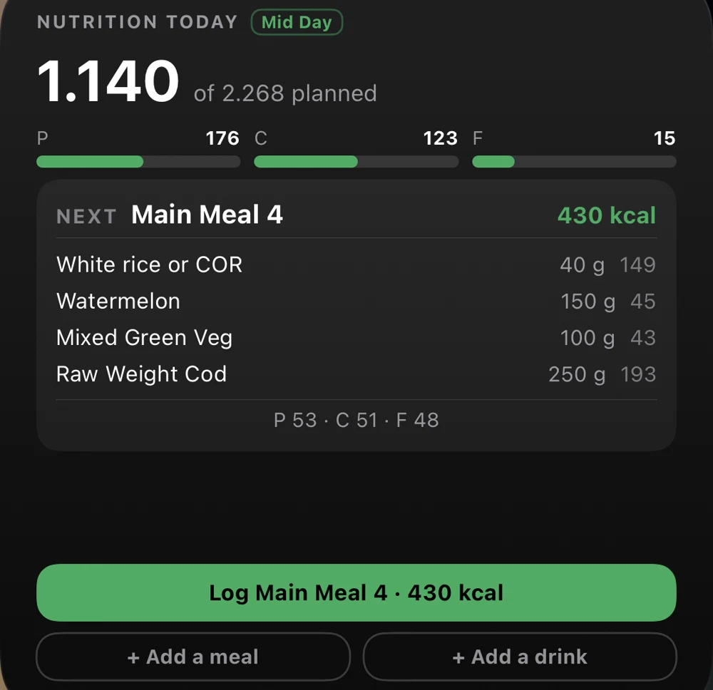 A home-screen widget — the next meal, one tap from logging it