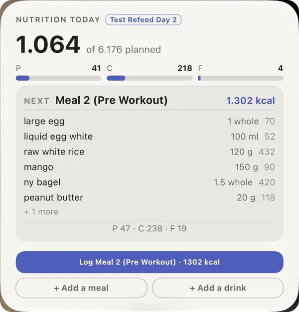 Nutrition widget — kcal eaten of planned, macros, the next meal with its foods, and the one-tap log button, on this workout screen