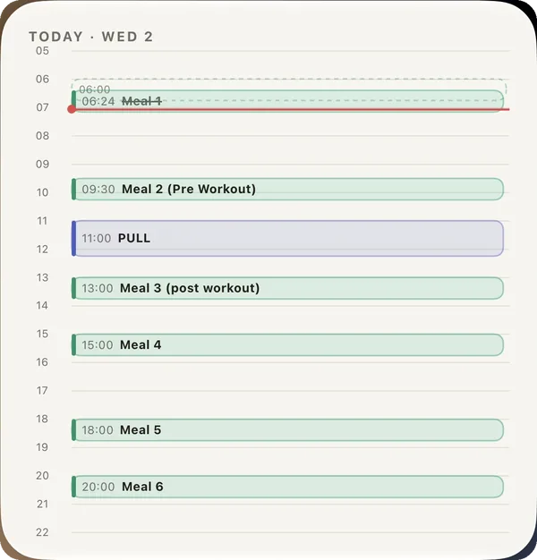 Day planner widget — the day on an hour axis, meals and sessions in place, on this workout screen