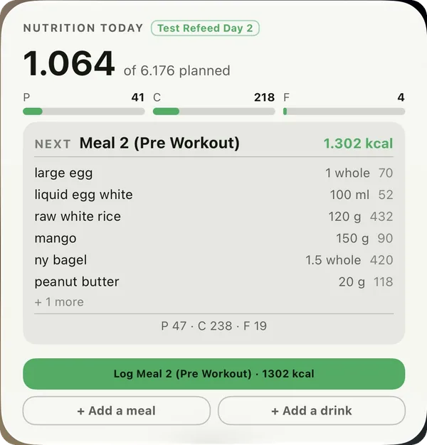 Nutrition widget — kcal eaten of planned, macros, the next meal with its foods, and the one-tap log button, on this workout screen