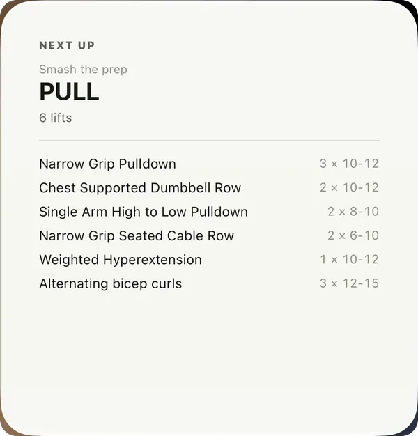 Next Up widget — today's session, the lifts and their sets, on this workout screen