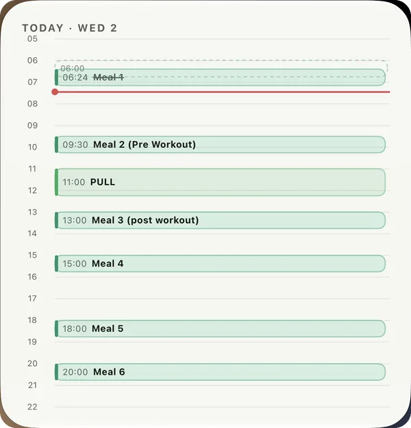 Day planner widget — the day on an hour axis, meals and sessions in place, on this workout screen