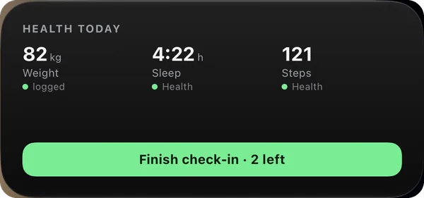 Health widget — weight, sleep and steps, and the check-in still open, on this workout screen