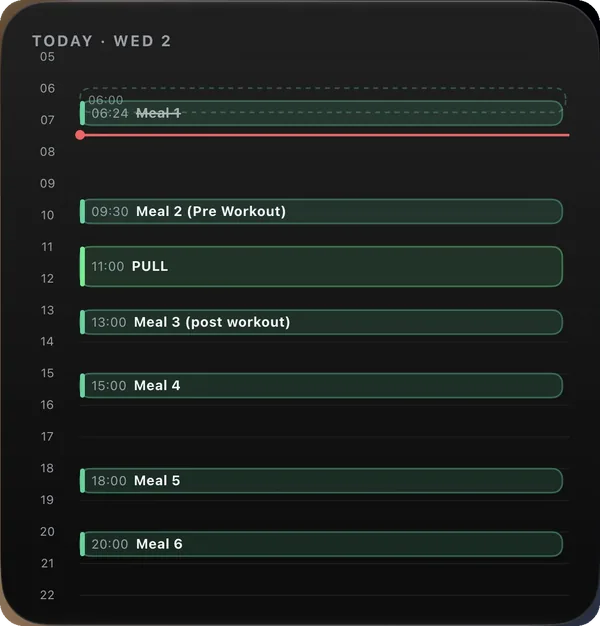 Day planner widget — the day on an hour axis, meals and sessions in place, on this workout screen
