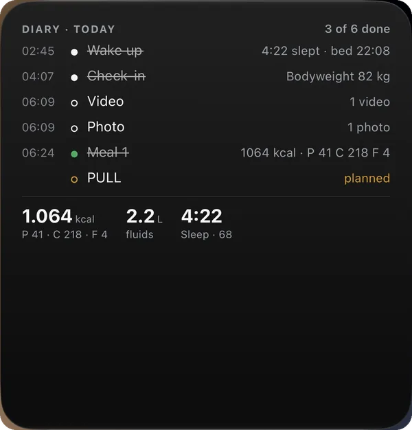 Diary widget — today's entries crossed off, kcal, fluids and sleep, on this workout screen