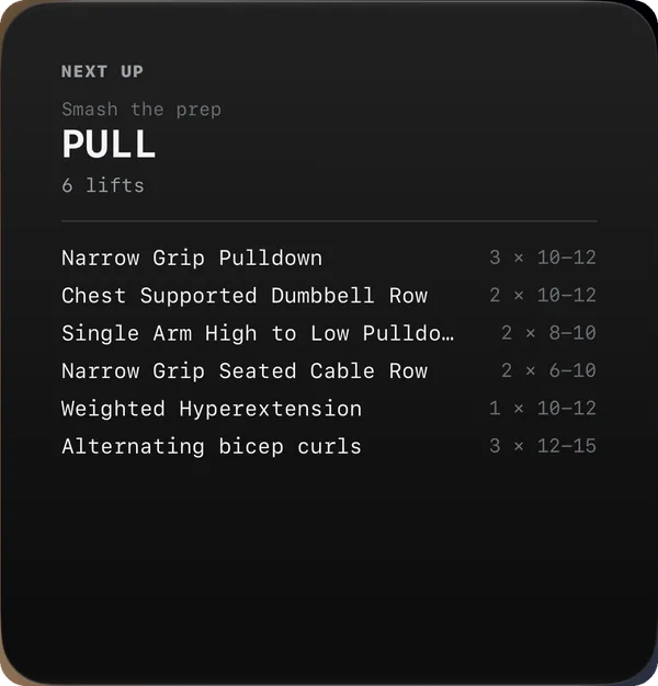 Next Up widget — today's session, the lifts and their sets, on this workout screen